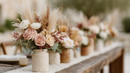 Elegant Floral Arrangement With Pampas Grass And Roses On Rustic Table. Perfect For Weddings And Events