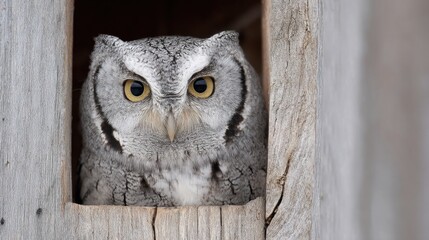 Eastern Screech Owl In Wooden Nesting Box. Wildlife Conservation And Habitat Protection