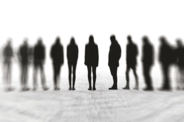 Group of diverse people silhouettes standing together in a line isolated on transparent background