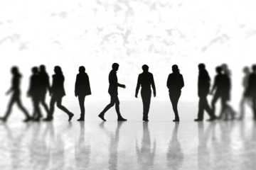 Group of abstract human figures walking in a line with reflections isolated on transparent background