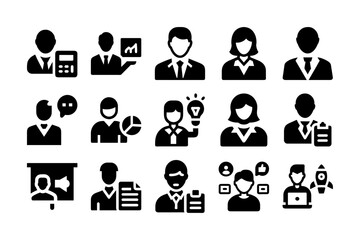 Vector art of set of solid black business icons depicting individuals in professional roles, illustrating concepts like finance, ideas, and teamwork