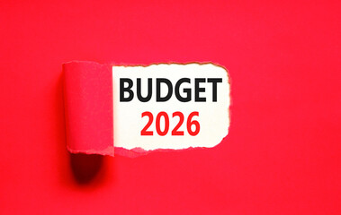 Budget 2026 symbol. Concept words Budget 2026 on beautiful white paper. Beautiful red paper background. Business and budget 2026 concept. Copy space.
