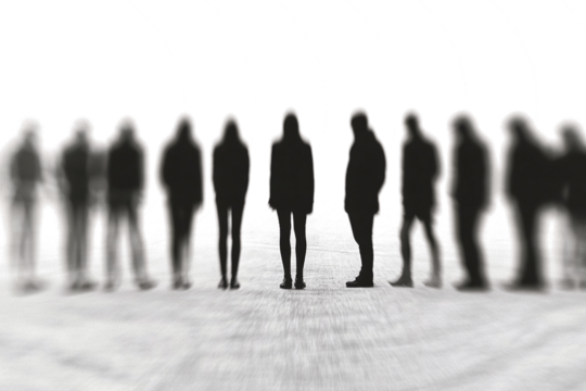 Group of diverse people silhouettes standing together in a line isolated on transparent background