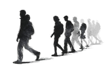 Group of diverse people walking in a line with shadows on transparent background isolated on transparent background