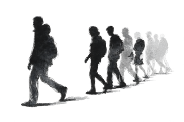 Group of diverse people walking in a line with shadows on transparent background isolated on transparent background