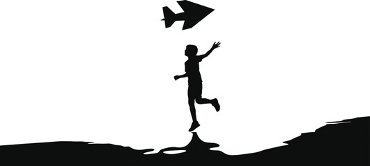 Person leaping toward airplane silhouette cartoon illustration, symbolic aspiration and expressive gesture artwork for lifestyle and emotional design