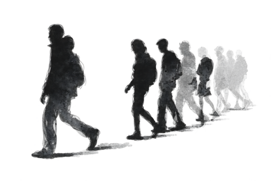 Group of diverse people walking in a line with shadows on transparent background isolated on transparent background