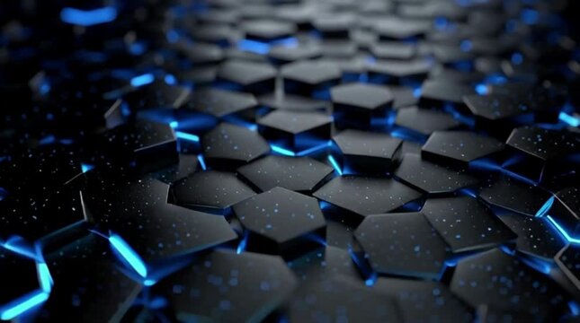 ia generated. A futuristic 3D abstract pattern made of shiny black hexagons arranged in a honeycomb structure. The hexagons rise to different levels.