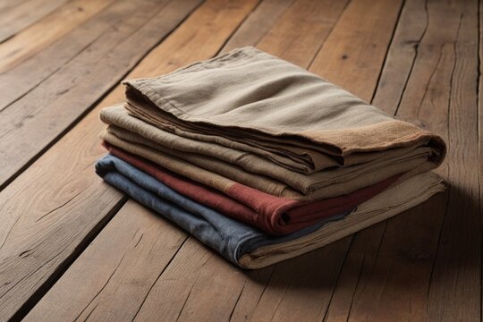 Gepackte Decke aus Stoff auf Holzfu&szlig;boden, vintage Stimmung