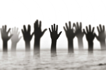Multiple ghostly hands emerging from dark water isolated on transparent background