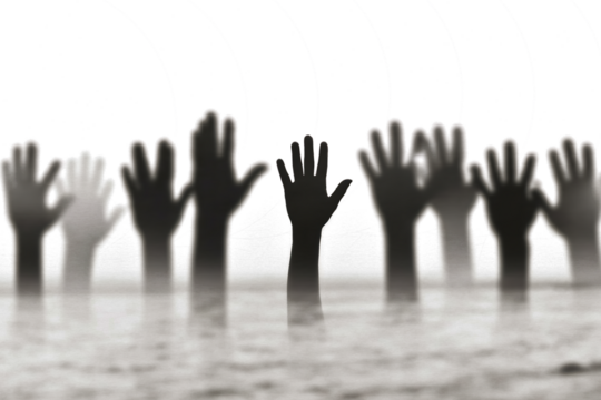 Multiple ghostly hands emerging from dark water isolated on transparent background