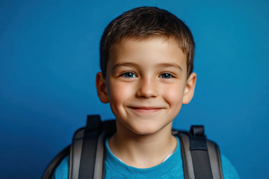 Smiling boy with backpack against blue background, ready for school