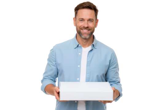 Smiling man holding a white blank box, perfect for showcasing product delivery, unboxing, or gift concepts - Powered by Adobe