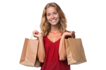 Cheerful young woman with shopping bags, isolated on transparent background
