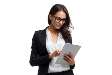 Professional businesswoman in a suit and glasses, using a digital tablet, perfect for tech, corporate, and modern workplace themes