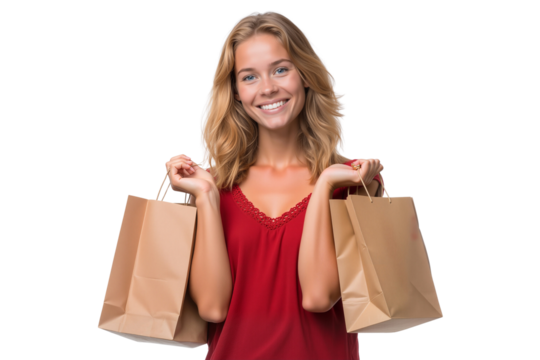 Cheerful young woman with shopping bags, isolated on transparent background