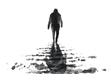 Mysterious shadowy figure walking alone on a path leaving a trail of water isolated on transparent background