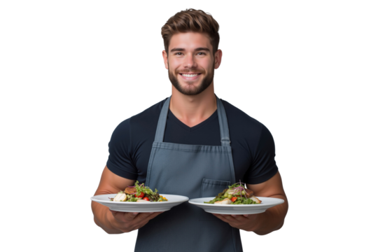 Smiling handsome waiter in an apron, holding two gourmet plates, perfect for culinary, restaurant, and food service themes
