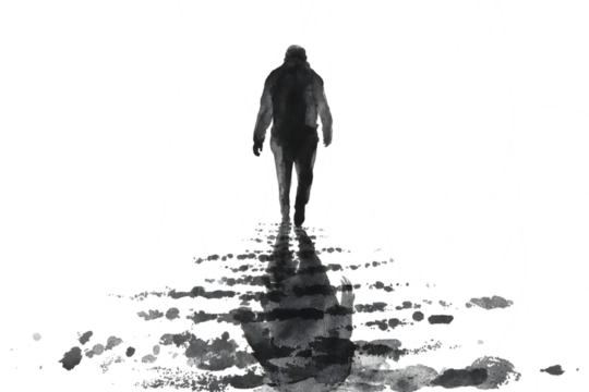 Mysterious shadowy figure walking alone on a path leaving a trail of water isolated on transparent background