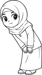 Polite young Muslim girl in hijab bowing gesture line art