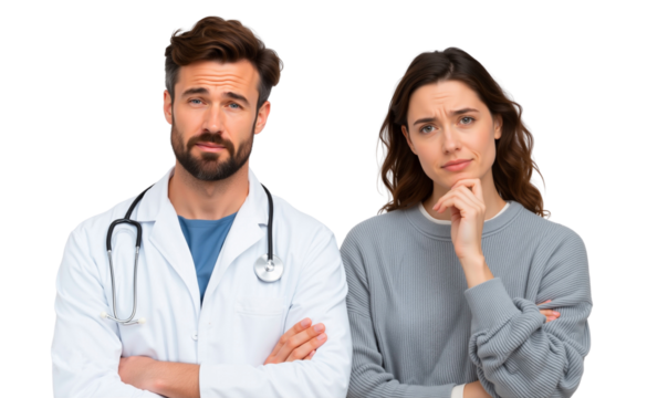 Thoughtful patient and serious doctor, isolated on transparent background