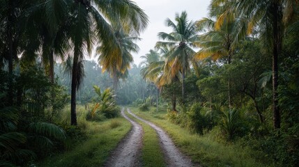 Tropical Pathway Through Lush Palm Forest. Serene Nature Escape