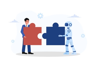 Businessman and robot working together to connect large puzzle pieces symbolizing cooperation and innovation in technology