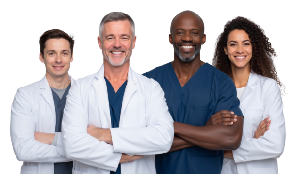 Diverse medical team smiling together, symbolizing teamwork and professional care, isolated on transparent background