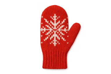 Red knitted mitten with white snowflake pattern
