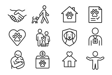 Pet adoption and care icons: simple line designs for animal support
