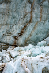 Shkhara Glacier Terminus In The Caucasus Mountains Near Ushguli Georgia: Dramatic View Of Ice Wall, Moraine And Rocky Foreground