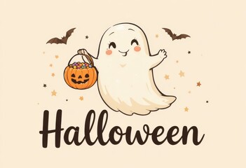  A cute smiling ghost holding a pumpkin bucket with candies, floating above the handwritten Halloween
