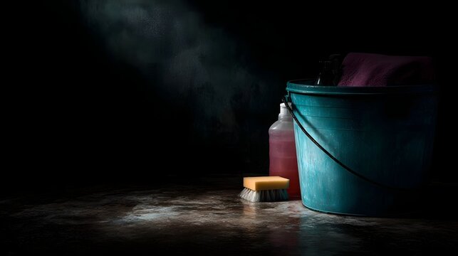 A teal cleaning bucket filled with supplies sits on a wet textured floor under dramatic moody lighting