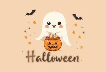 A cute smiling ghost holding a pumpkin bucket with candies, floating above the handwritten Halloween
