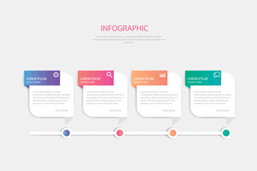 Modern infographic with five circular stages in a colorful gradient flow for business presentations and data visualization.
Four interconnected circular steps with numbers and text placeholders for pr
