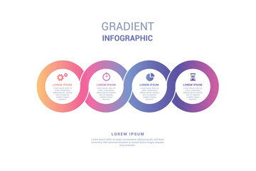Modern infographic with five circular stages in a colorful gradient flow for business presentations and data visualization.
Four interconnected circular steps with numbers and text placeholders for pr