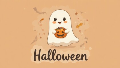  A cute smiling ghost holding a pumpkin bucket with candies, floating above the handwritten Halloween