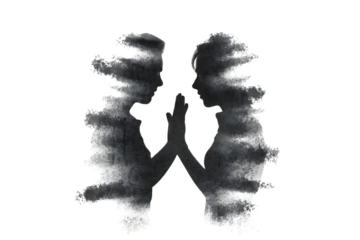 Symmetrical abstract grey smoke wisps forming a central figure isolated on transparent background