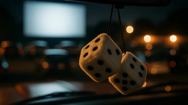 Fuzzy dice hang from a car's rearview mirror at night. A drive-in movie screen glows in the blurred background.