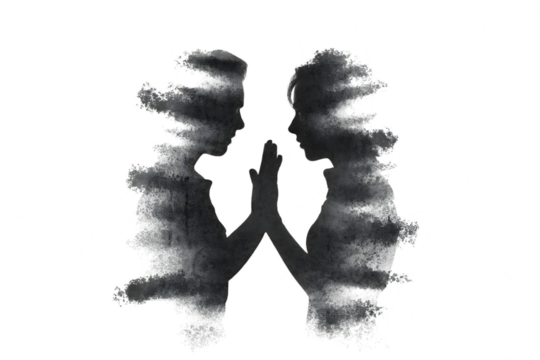 Symmetrical abstract grey smoke wisps forming a central figure isolated on transparent background