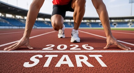Athlete in starting position on a running track at the "2026 Start" line, symbolizing new year business goals, motivation, and challenges.