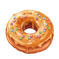 Delicious glazed donut with colorful sprinkles dripping with caramel sauce isolated on transparent background