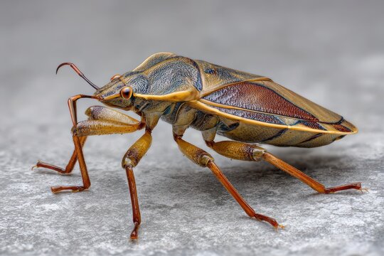 A detailed view of a water bug, showcasing its intricate features and unique characteristics. The image highlights the bug's textured exoskeleton, long legs, and specialized body parts