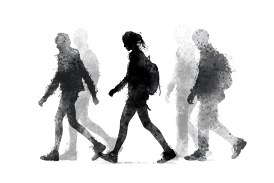 Three translucent figures walking in a line against a dark background isolated on transparent background