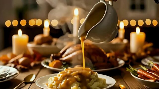 Pouring savory gravy on mashed potatoes during a cozy Thanksgiving feast