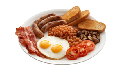 Typical English breakfast with fried eggs, tomato, sausage, bacon, baked beans, mushrooms and toasted bread on a plate, transparent background PNG for food marketing and design
