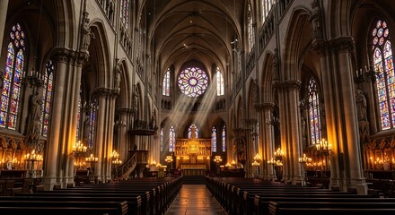 Majestic Gothic Cathedral Interior with Sunbeams Illuminating Stained Glass Windows and Altar.