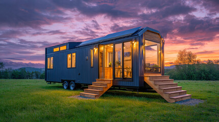 Obraz premium Modern tiny house shines in evening glow with welcoming steps and tranquil surroundings