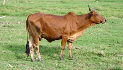 Fototapeta premium Brown Cow with Horns Standing on Field Isolated on Green Background for Farm Animal Object and Livestock Concept