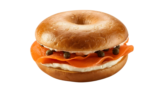Lox bagel with cream cheese and smoked salmon, transparent background PNG for food marketing and design